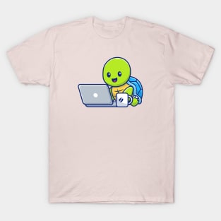 Cute turtle operating laptop cartoon T-Shirt